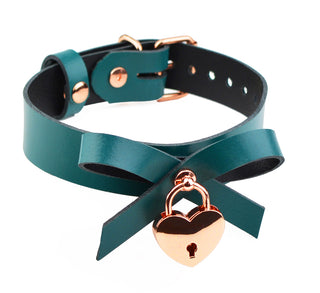 Emerald Leather Aurum Collar With Bow & Rose Gold Love Heart Padlock