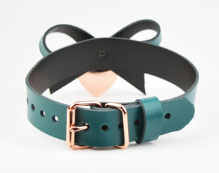 Emerald Leather Aurum Collar With Bow & Rose Gold Love Heart Padlock