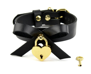 Black Leather Collar With Bow & Gold Love Heart Padlock