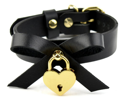 Black Leather Collar With Bow & Gold Love Heart Padlock | Mercy Industries