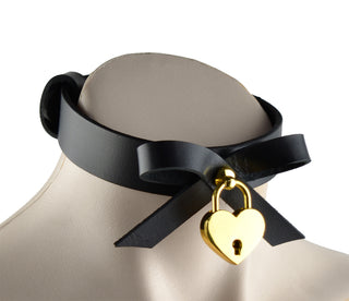 Black Leather Collar With Bow & Gold Love Heart Padlock
