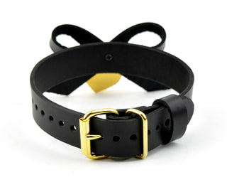 Black Leather Collar With Bow & Gold Love Heart Padlock