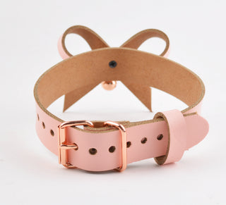 Blush Pink Leather Aurum Collar With Bow & Rose Gold Kitten Bell