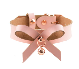 Blush Pink Leather Aurum Collar With Bow & Rose Gold Kitten Bell