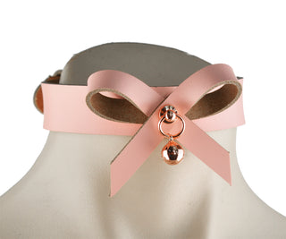 Blush Pink Leather Aurum Collar With Bow & Rose Gold Kitten Bell