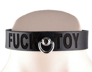 Custom Engraved Black Leather Collar with Small D-Ring - 'Fuck Toy'