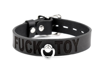 Custom Engraved Black Leather Collar with D-Ring - 'Fuck Toy'