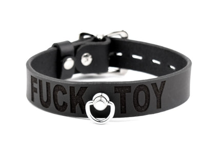 Custom Engraved Black Leather Collar with D-Ring - 'Fuck Toy'