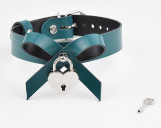 Emerald Leather Bow Collar with Silver Love Heart Padlock