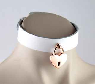 White Leather Collar With Rose Gold Love Heart Padlock