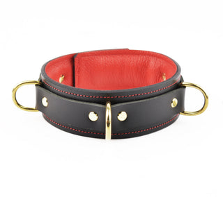 Black & Americana Red And Gold Three Ring Leather Bondage Collar