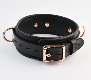 Premium Black Leather Restraint Set - Wrist & Ankle Cuffs, Collar, Cross Connector, Snap Hooks & Rose Gold Padlocks