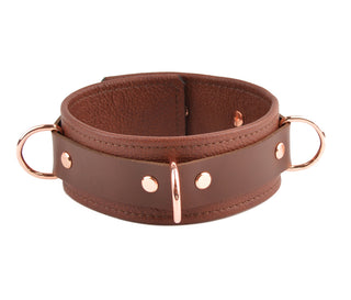 Premium Brown Leather & Rose Gold Restraint Set - Wrist, Ankle & Thigh Cuffs, Collar, Cross Connector, Snap Hooks & Rose Gold Padlocks