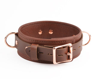 Brown Leather & Rose Gold Restraint Set - Wrist & Ankle Cuffs, Collar, Cross Connector, Snap Hooks & Rose Gold Padlocks