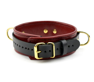 Premium Restraint Set Wrist-Ankle Cuffs And Collar + Cross Connector - Scarlet Red and Gold