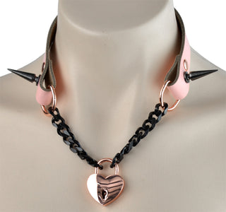 Blush Pink Leather & Black Chain Aurum Collar with Spikes & Love Heart Padlock