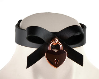 Black Leather Collar With Bow & Rose Gold Love Heart Padlock
