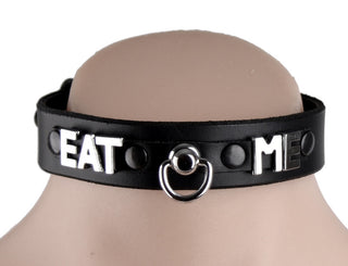 Custom Small Lettering Black Leather Collar With Ring – 'Eat Me'