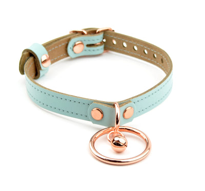 Aqua Adore Blue Leather Amare Day Collar with Large Rose Gold O-Ring & Kitten Bell