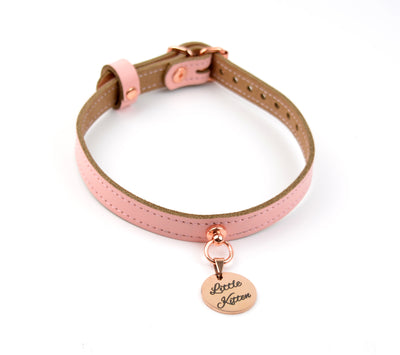 Blush Pink Leather Amare Day Collar with Custom Engraved Rose Gold Pendant – 'Little Kitten'