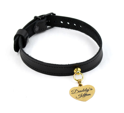 Black Leather Bondage Collar with Gold Custom Engraved Love Heart Pendant