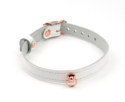 White Leather Amare Day Collar with Small Rose Gold Ring Pendant | Mercy Industries