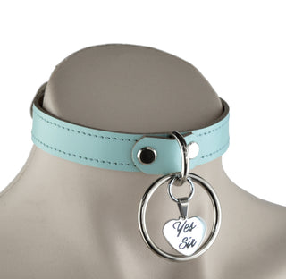 Aqua Adore Blue Leather Collar with Steel Ring and Custom Engraved Love Heart Pendant