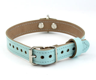Aqua Adore Blue Leather Collar with Steel Ring and Custom Engraved Love Heart Pendant