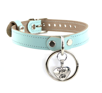 Aqua Adore Blue Leather Collar with Steel Ring and Custom Engraved Love Heart Pendant