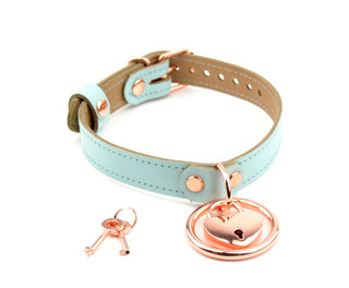 Aqua Adore Blue Leather Amare Collar with Rose Gold Ring & Love Heart Padlock Pendant