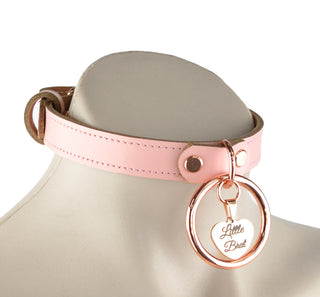 Blush Pink Leather Collar with Ring and Custom Engraved Love Heart Pendant – 'Little Brat'