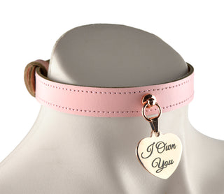 Blush Pink Leather Collar with Custom Engraved Love Heart Pendant – 'I Own You'