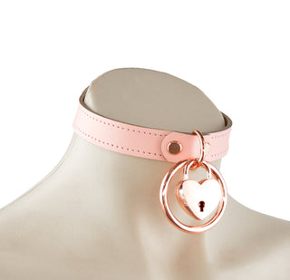 Blush Pink Leather Amare Collar with Rose Gold Ring & Love Heart Padlock Pendant