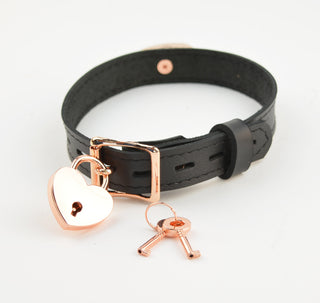 Black Leather Collar with Custom Engraved Rose Gold Love Heart Pendant – 'Good Girl'