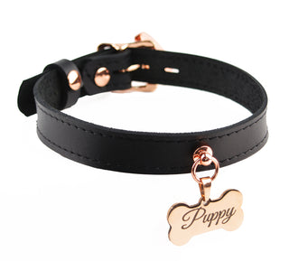 Black Leather Collar with Custom Engraved Rose Gold Dog Bone Pendant – 'Puppy'