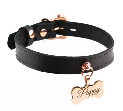 Black Leather Amare Day Collar with Custom Engraved Rose Gold Love Hea –  Mercy Industries