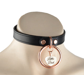 Black Leather Aurum Collar with Ring and Custom Engraved Love Heart Pendant – 'Little Brat'
