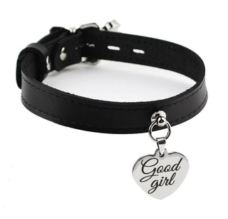 Black Leather Day Collar with Custom Engraved Silver Love Heart Pendant – 'Good Girl'