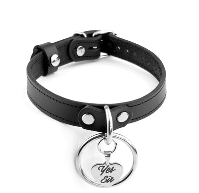 Black Leather Collar with Steel Ring and Custom Engraved Love Heart Pendant