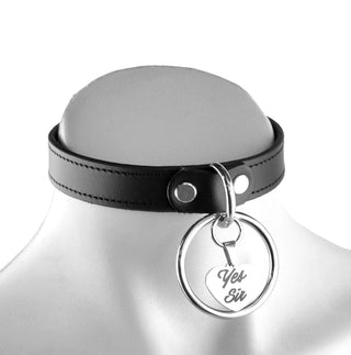 Black Leather Collar with Steel Ring and Custom Engraved Love Heart Pendant