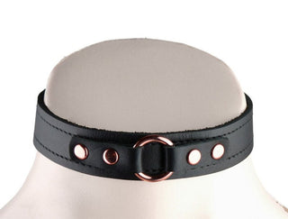 Black Leather Aurum Collar with Small Rose Gold Ring Detail