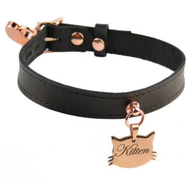 Black Leather Collar with Custom Engraved Silver Kitten Pendant – 'Kitten'