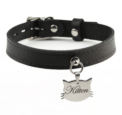 Black Leather Collar with Custom Engraved Silver Kitten Pendant – 'Kitten'