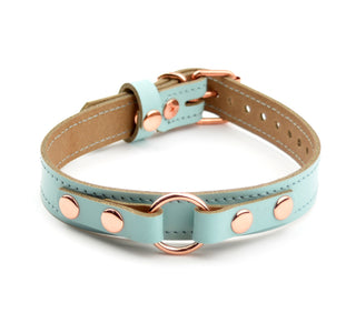 Aqua Adore Blue Leather Collar with Small Rose Gold Ring Detail