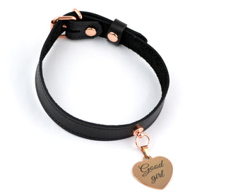 Black Leather Collar with Custom Engraved Rose Gold Love Heart Pendant – 'Good Girl'