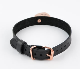 Black Leather Collar with Custom Engraved Rose Gold Love Heart Pendant – 'Good Girl'