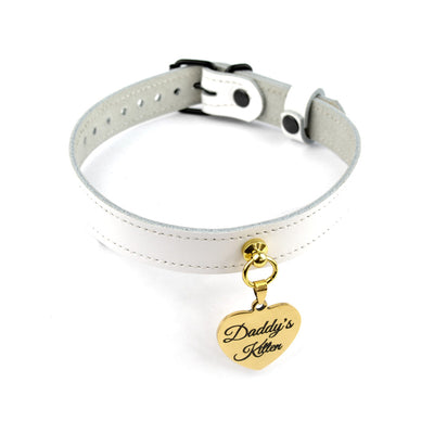White Leather Collar with Gold Custom Engraved Love Heart Pendant