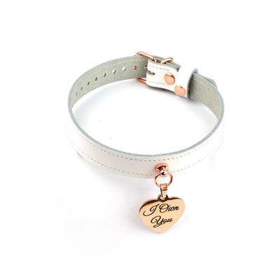 BDSM | bdsm | White Leather Aurum Collar with Custom Engraved Love Heart Pendant – 'I Own You'