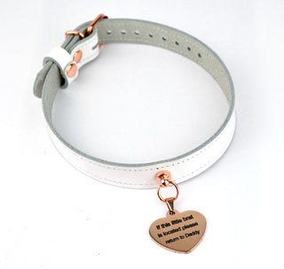 White Leather Collar with Custom Engraved Rose Gold Love Heart Pendant – 'I Own You'
