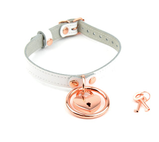 White Leather Amare Collar with Rose Gold Ring & Love Heart Padlock Pendant